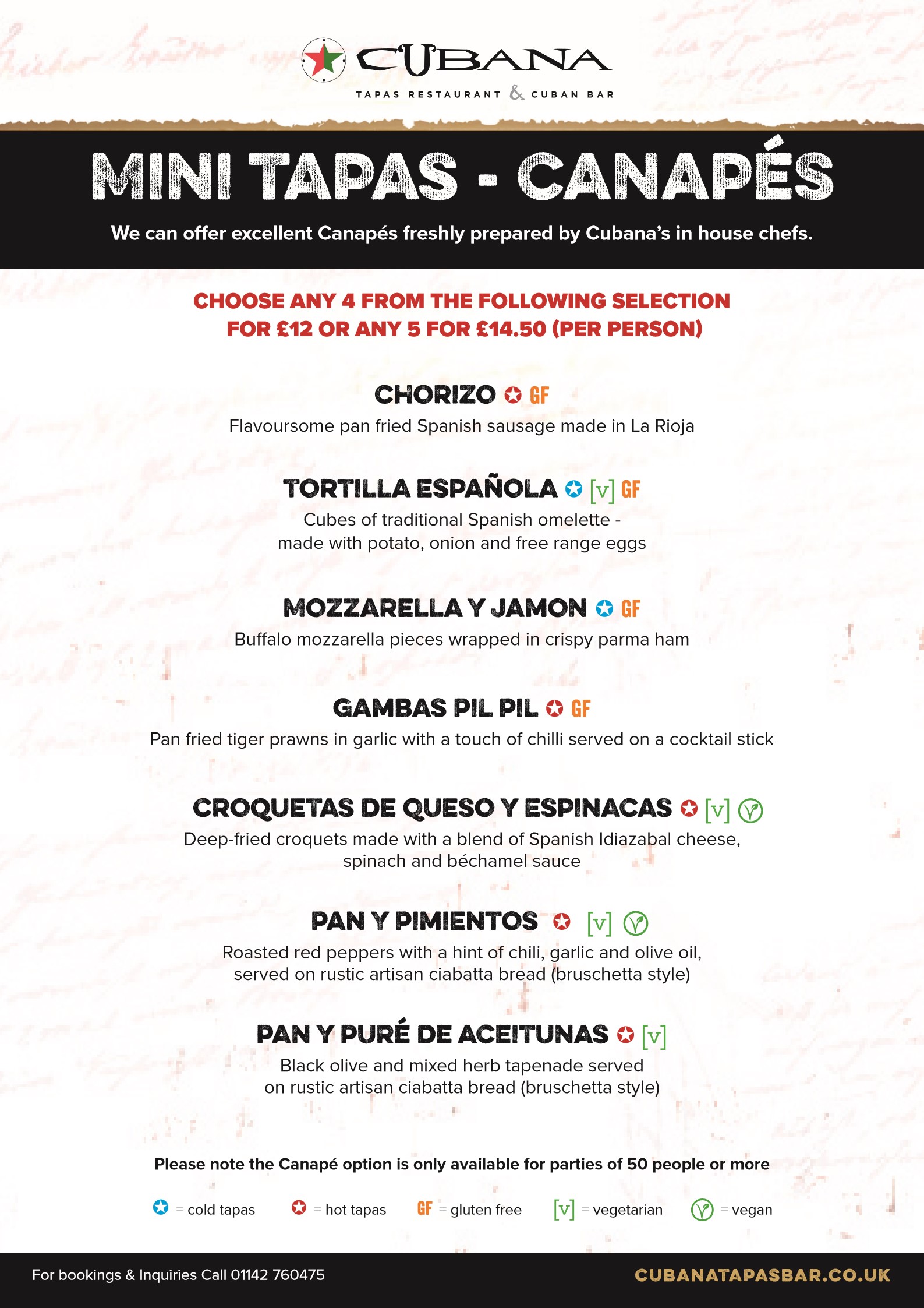 Cubana - Canapes Menus